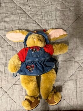 Build-A-Bear Golden Brown Bunny in Denim Dress with Red Top